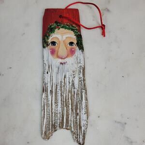 VTG Folk Art Santa Ornament  9" Red Hand Painted Wood Bark Christmas Tree